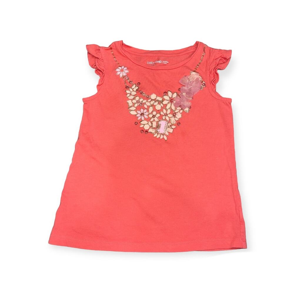 Baby GAP 5T Short Sleeve Ruffle Coral Top Glitter Flower Embellished Necklace